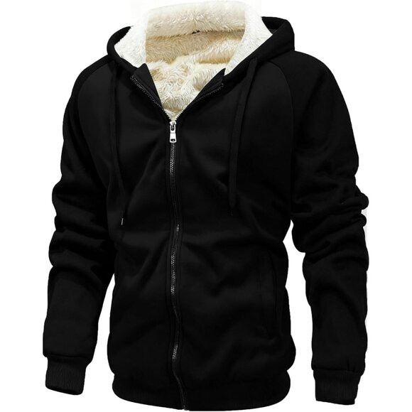 Men’s Black Hooded Zip-Up Winter Jacket with Plush Fleece Lining.